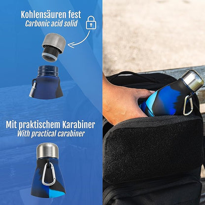 Foldable Drinking Bottle - BPA-free, leak-proof - Ideal festival accessory and practical outdoor companion with carabiner (Dark blue)