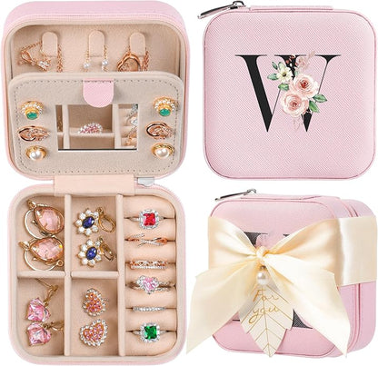 AYGXU Travel Jewelry Box for Women and Girls - Small Case With Initial A-Z - Teacher Gifts