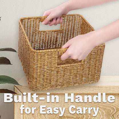 myHomeBody Wicker Storage Basket, Storage Cubes, Woven Baskets for Organizing, Resin Wicker Set of 3, Tan