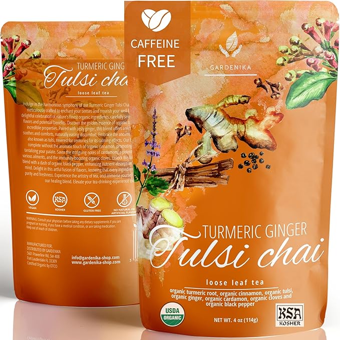 Organic Turmeric Ginger Tulsi Chai Tea | Loose Leaf | Ayurvedic Superfood Blend | Herbal and Caffeine-Free | 55+ Cups | KSA Kosher | 4 oz