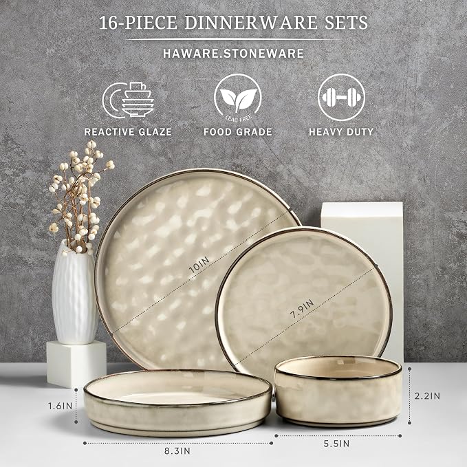 HaWare Dinnerware Sets, 16-Piece Plates and Bowls Set, Stoneware Dish Set
