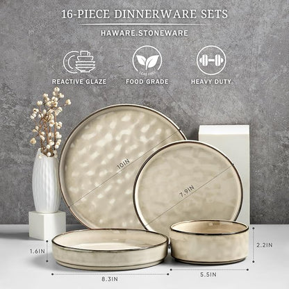 HaWare Dinnerware Sets, 16-Piece Plates and Bowls Set, Stoneware Dish Set