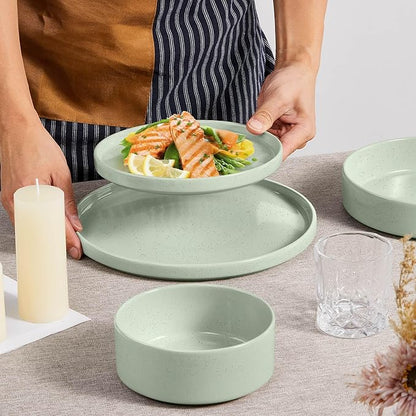 Herogo 24 Piece Plates and Bowls Set, Kitchen Dinnerware Sets with Pasta Bowls, Dinner Ware Dishes Service for 6, Chip & Scratch Resistant Porcelain Kitchen Dishware, Speckled Light Green