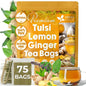 FreshDrinkUS, Premium 75 Tulsi Lemon Ginger Tea Bags, 100% Natural & Pure from Tulsi Holy Basil Leaves, Lemon and Ginger. Made with Natural Material Tea Bags. No Sugar, No Caffeine, Vegan.