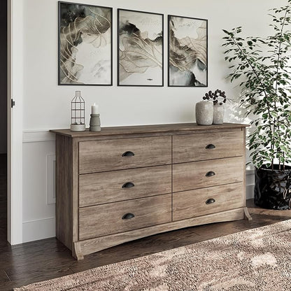 Prepac Sonoma 6-Drawer Double Dresser for Bedroom, Wide Chest of Drawers, Traditional Bedroom Furniture, 59" wide x 17.5" deep x 29" tall, Drifted Gray