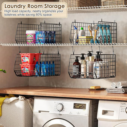 Deeper 4'' Design 5 Tier Foldable Hanging Closet Organizer and Storage，Wire Cabinet Shelves and Rack with 5 S Hooks,Stackable Metal Basket Bins for Clothes Shoe Purse,Holder for Wardrobe Dorm,Black