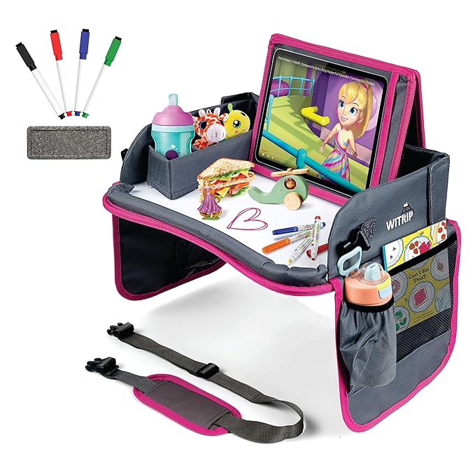 Kids Travel Tray with Dry Erase Board - Car Seat Tray for Kids Travel, Carseat Table Top for Toddler, Lap Desk for Car Seat, Activity Organizer & Snack Holder, Road Trip Essentials for Kid (Pink)