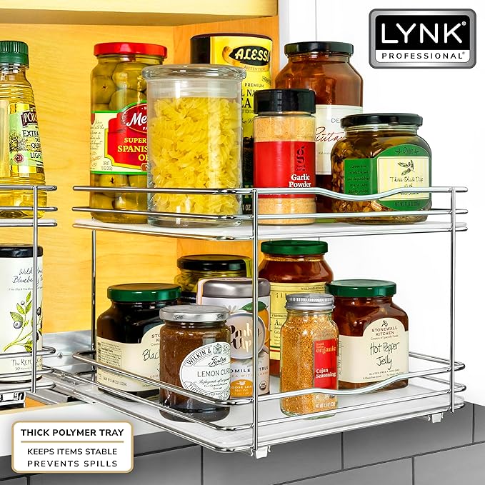 LYNK PROFESSIONAL® Pull Out Spice Rack Organizer for Inside Kitchen Cabinets - 10-3/8 inch Wide - Slide Out Drawer – Chrome Sliding Spice Cabinet Organization Shelf Racks - 2 Tier
