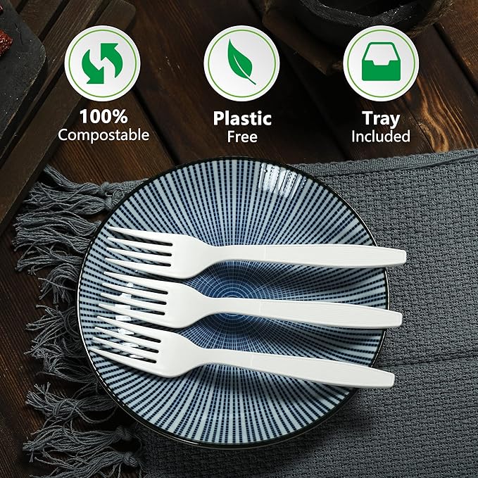 Compostable Fork,100 Biodegradable Silverware for Party,Large Disposable Utensils Eco Friendly Durable and Heat Resistant,Alternative to Plastic Fork