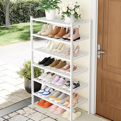 Smiry Shoe Rack, 6 Tier Thick Bamboo Shoe Organizer, Stackable Free Standing Wooden Shoe Storage Shelf for Closet, Entryway, Front Door Entrance, White
