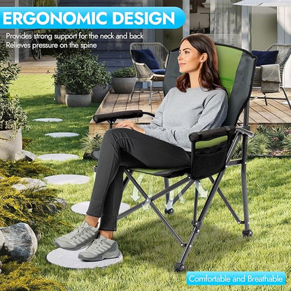 2 Pack Oversized Folding Camping Chair for Adults, Supports 450 LBS Camping Chairs, Heavy Duty Camping Chair with Side Pockets, Foldable Outdoor Chair for Camping, Beach, Fishing, Hiking, Green-Black