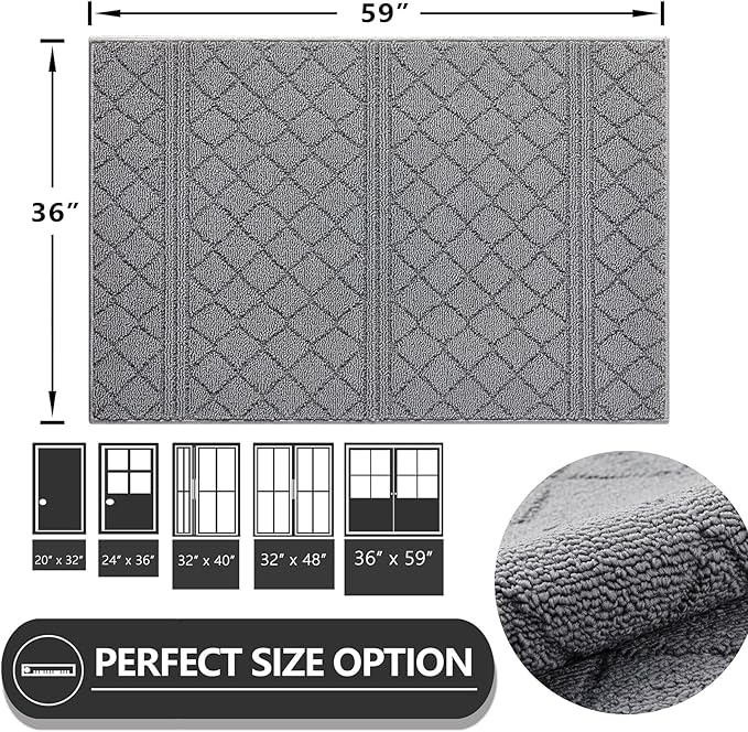 REFETONE Indoor Doormat, Front Back Door Mat 36"x59" Absorbent Rubber Backing Non Slip Door Mats, Low-Profile Resist Dirt Entrance Rugs, Machine Washable Door Rug Inside Floor Mat for Entryway, Grey