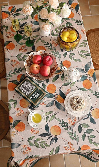 patdrea Designer Vintage Linen Rectangle Table Cloth,Framhouse Oranges and Leaves Pattern French Tablecloth,Fall Decor Cover for Kitchen Dining Christmas,Thanksgiving,55"x79"-Palladin a