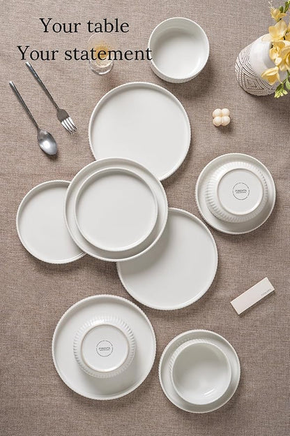 Dinnerware Sets for 4,Microwave Safe Plates and Bowls Sets,12 Piece Dylan Dish Set,Reactive Glaze Stoneware Dinnerware Set (Gloss Reactive Snow White, Service for 4 (12pcs))