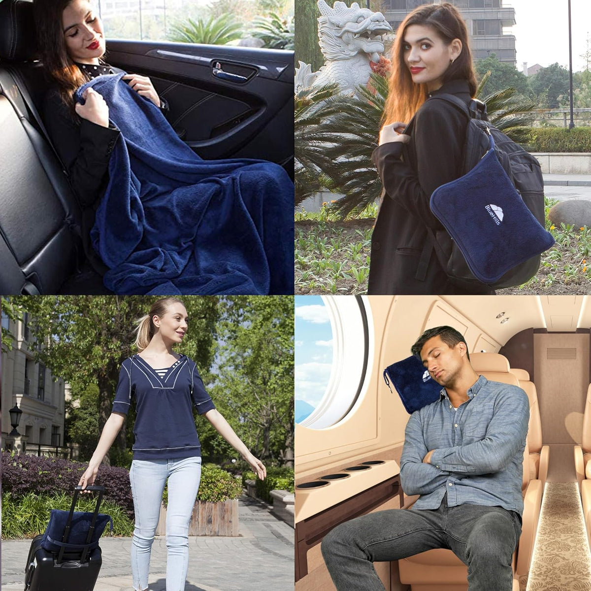 BlueHills Premium Soft 2-Pack Travel Blanket Pillows Airplane Large Plane Flight Throw Blankets for Two in Bag Compact Traveling Essentials Set Packable Warm Gifts Navy Blue T011