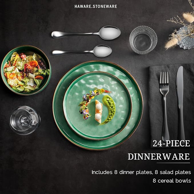 HaWare Dinnerware Sets, 24-Piece Plates and Bowls Set, Stoneware Dish Set
