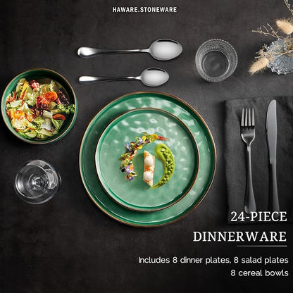 HaWare Dinnerware Sets, 24-Piece Plates and Bowls Set, Stoneware Dish Set