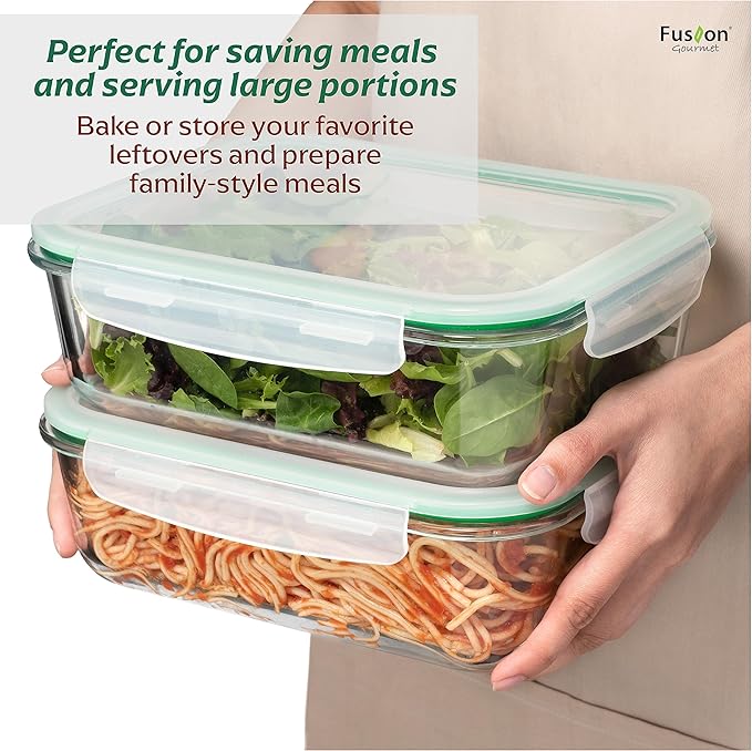 Fusion Gourmet Large Glass Food Storage Containers with Lids [5 Pack, 72 oz, 9 Cup], Airtight, Leakproof, Microwave and Oven Safe Borosilicate Glass