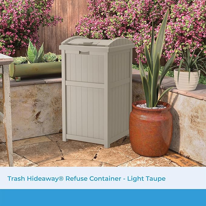 Suncast 33 Gallon Hideaway Trash Can for Patio - Resin Outdoor Trash with Lid - Use in Backyard, Deck, or Patio - Taupe