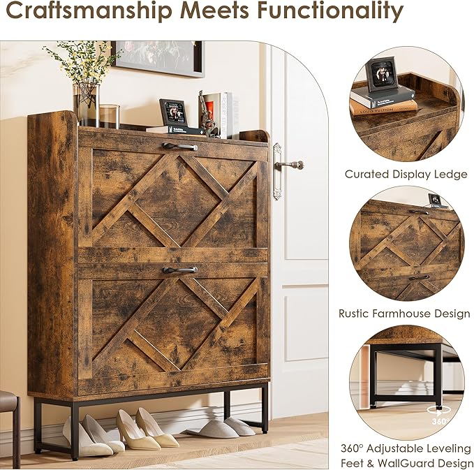 Nicetree Shoe Cabinet Organizer with 2 Flip Drawers, Freestanding Narrow Rack with Metal Legs, Farmhouse Slim Shoe Storage for Entryway, Foyer, Hallway, Rustic Brown