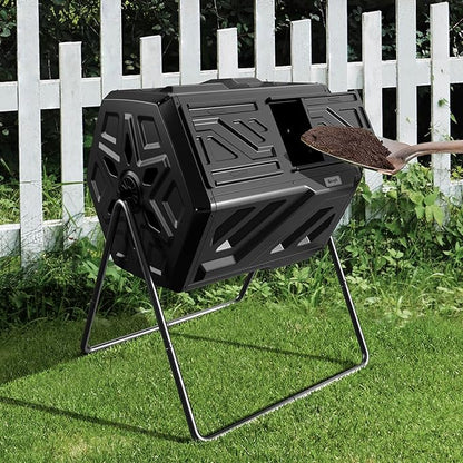 43 Gallon Compost Bin with Gloves, Fast Assembly & Easy Setup Outdoor Compost Tumbler, Updated Dual Chamber Tumbling Composter for for Garden, Kitchen, and Yard Waste, Black