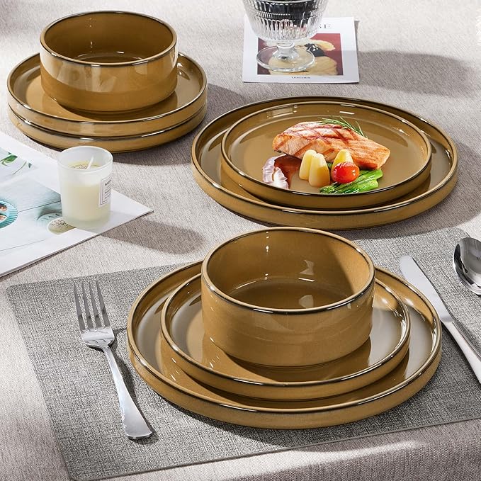 Herogo 12 Pieces Stoneware Dinnerware Set for 4, Ceramic Dinner Dishware Sets for Home Kitchen, Plates and Bowls with Rustic Terracotta Bottom, Dishwasher & Microwave Safe, Earthen Brown