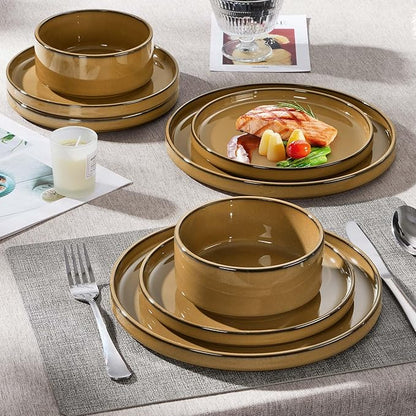 Herogo 12 Pieces Stoneware Dinnerware Set for 4, Ceramic Dinner Dishware Sets for Home Kitchen, Plates and Bowls with Rustic Terracotta Bottom, Dishwasher & Microwave Safe, Earthen Brown
