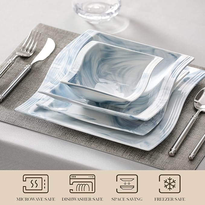 MALACASA Plates and Bowls Sets, 26 Piece Blue Dinnerware Sets