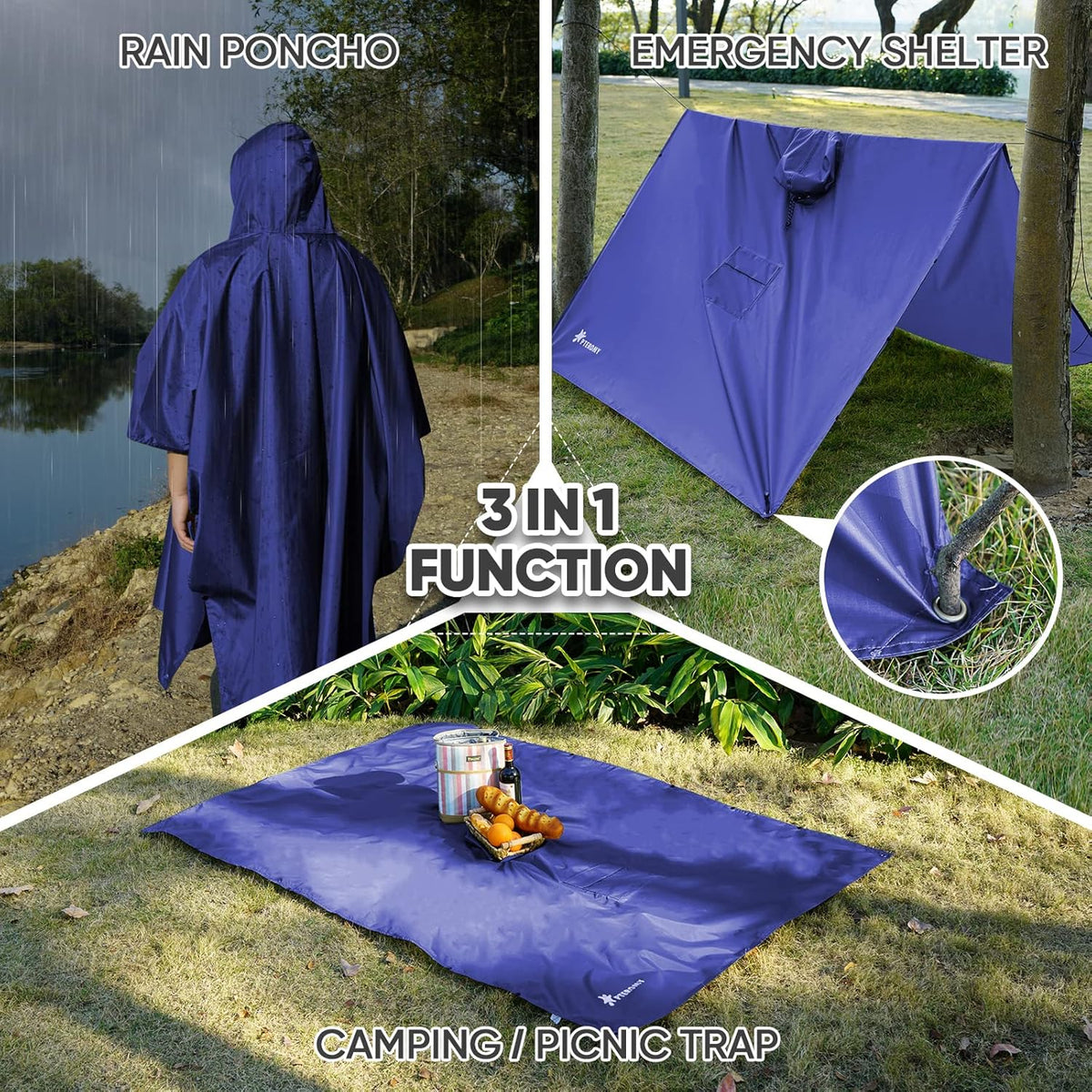 PTEROMY Hooded Rain Poncho for Adult with Pocket, Waterproof Lightweight Unisex Raincoat for Hiking Camping Emergency
