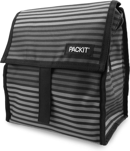 PackIt Freezable Lunch Bag, Gray Stripes, Built with EcoFreeze Technology, Foldable, Reusable, Zip and Fold Closure with Buckle Handle, Perfect for School and Office Lunches