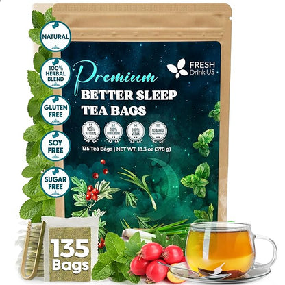 FreshDrinkUS, Premium 135 Tea Bags Better Sleep Herbal Tea | Caffeine-Free Loose Leaf Blend with Spearmint Leaves, Lemongrass Leaves, and Hawthorn Berry – Naturally Refreshing and Aromatic.