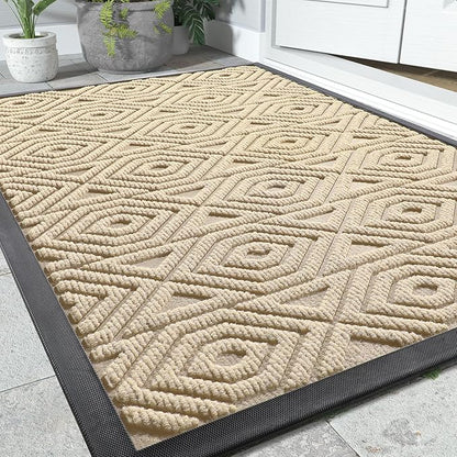 Yimobra Door Mat, Outdoor Indoor Entrance Welcome Mat, Heavy Entry Front Door Mat, Stain & Fade Resistant, Low Profile, Sturdy Rubber, Easy Clean Patio Floor Mat, Waterproof, 60 x 36,Light Beige