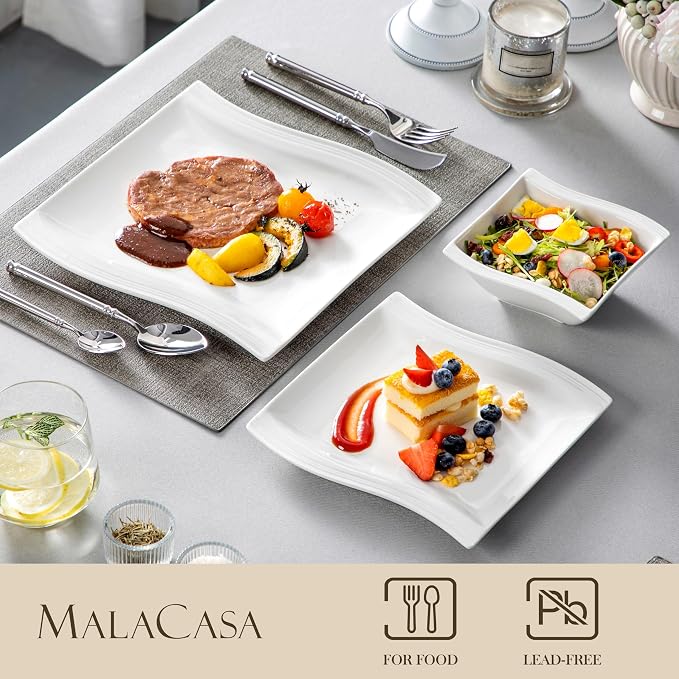 MALACASA Plates and Bowls Sets, 26 Pieces Ivory White Porcelain Dinnerware Sets