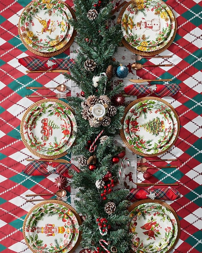Christmas Salad Plates, 8 Inch Ceramic Plate Set, Appetizer Dishes for Pasta, Side Dishes, Holiday Treats, Dishwasher & Microwave Safe, Set of 6