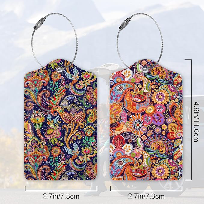 Boho Colorful Paisley 2 Pack Luggage Tag for Suitcase, Cute Unique Leather Bag Tags Identifiers Privacy Cover ID Label with Durable Steel Loop for Women Men Kids Girls Travel