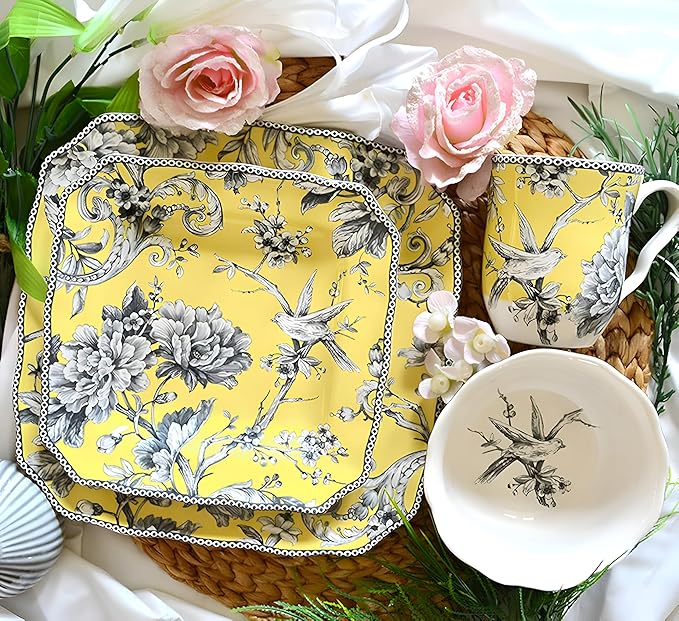 222 Fifth Adelaide 16-Piece Square Floral Dinnerware Set – Service for 4,Yellow Porcelain Plates & Bowls, for Everyday Dining & Entertainment, Microwave & Dishwasher Safe, Chip Resistant