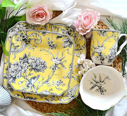 222 Fifth Adelaide 16-Piece Square Floral Dinnerware Set – Service for 4,Yellow Porcelain Plates & Bowls, for Everyday Dining & Entertainment, Microwave & Dishwasher Safe, Chip Resistant