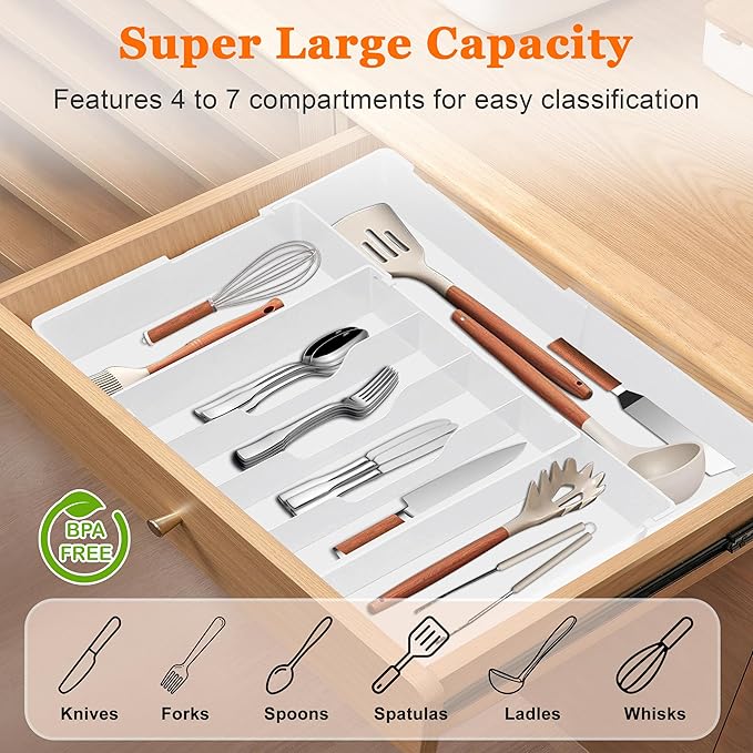 Expandable Large Silverware Organizer - BPA-Free Utensil Organizer for Kitchen Drawer, Adjustable Silverware Drawer Organizer Flatware Cutlery Tray for Spoons Forks Knives,10.2"-17.2" Wide