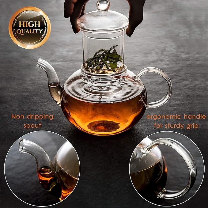 Moss & Stone Glass 27oz Tea Kettle Infuser & 4 Tea Cups Gift Set, Borosilicate Glass Teapot With Removable Glass Strainer & Teacups Of 2.7 oz, Teapot With Strainer Microwave Safe Tea Maker