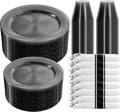 DaYammi 350 Pieces Black Glitter Dinnerware Set 50 Guest for Party- 50 Dinner Plates, 50 Dessert Plates -50 Per Rolled Napkins with Black Cutlery - 50 Disposable Cups 9 OZ
