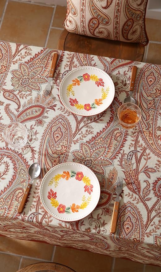 ISAENNE Designer French Red Long Rectangle Tablecloth,Linen Table Cloth with Cashew Pattern,Stain Proof Decor Tablecloths for Dining Thanksgiving Kitchen Christmas,63"*102"-Chauffrey D