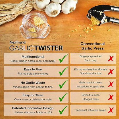 Nextrend Garlic Twister 4th Gen – Garlic Mincer & Garlic Press in One, for Ginger, Herbs, Nuts & more, BPA-Free, Dishwasher Safe, 3–5 Clove Capacity - Green