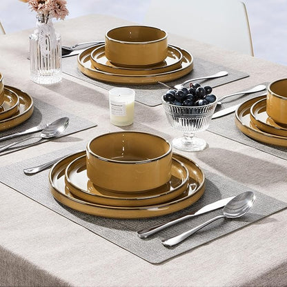 Herogo 12 Pieces Stoneware Dinnerware Set for 4, Ceramic Dinner Dishware Sets for Home Kitchen, Plates and Bowls with Rustic Terracotta Bottom, Dishwasher & Microwave Safe, Earthen Brown