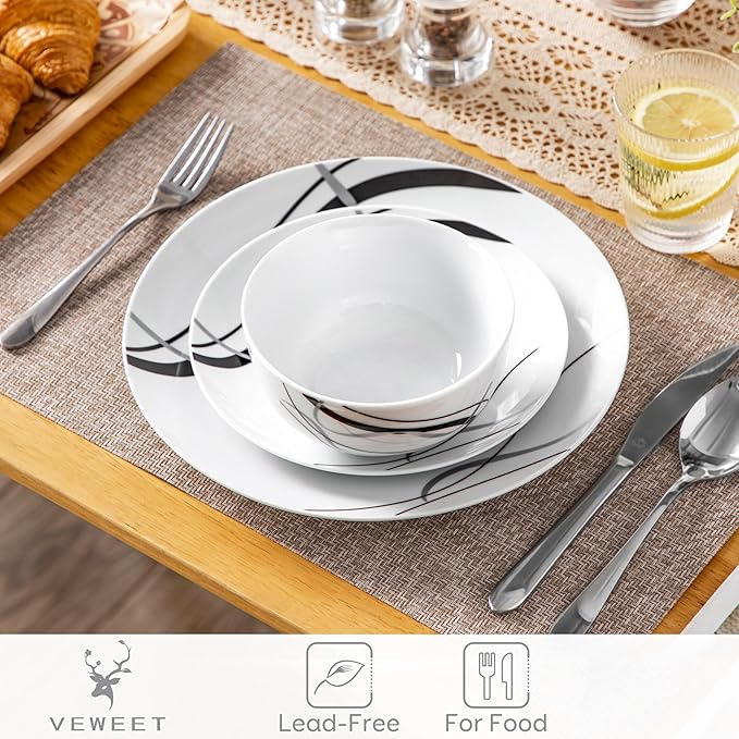 VEWEET Porcelain Dinnerware Sets for 4, 12 Pieces Plates and Bowls Set with Black and Grey Ribbon Lines, Dishes Set Dining Ware for Dinner, Microwave and Dishwasher Safe, Series FIONA