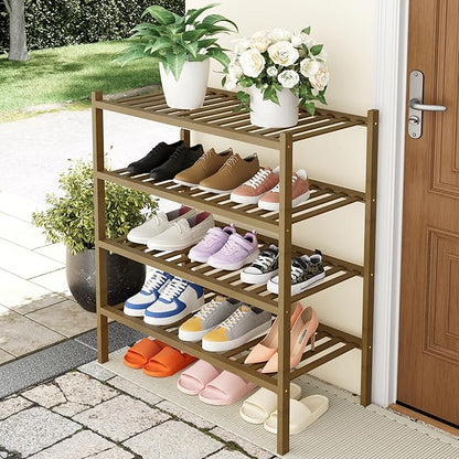Smiry Shoe Rack, 4 Tier Thick Bamboo Shoe Organizer, Stackable Free Standing Wooden Shoe Storage Shelf for Closet, Entryway, Front Door Entrance, Walnut