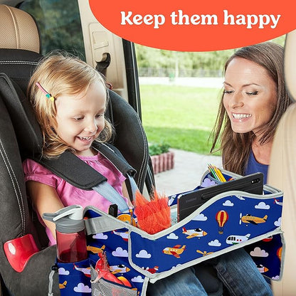 PILLANI Kids Travel Tray for Car - Car Seat Tray for Kids Travel, Road Trip Essentials, Carseat Table for Roadtrip Activities - Must Have Toddler Lap Desk Organizer for Airplane - Travel Accessories