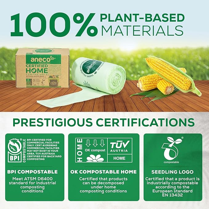 ANECO 100% Compostable Food Waste Bags 2.6 Gallon With Handles, Small Compost Bags for Countertop Bin, OK Compost HOME & BPI Certified Compostable Kitchen Food Waste Bag (45 Count)