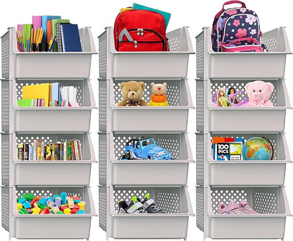 Skywin TidyFriend Stackable Storage Bins for Closet Organizers and Storage 12 Pack, Closet Organization for Kids Room and Home Organization (Light Grey)