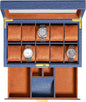 ROTHWELL 10-Slot Watch Box in Leather with Valet Drawer, Luxury Watch Case Display Organizer with Ultra Soft Microsuede Liner, Jewelry and Sunglass Holder With Large Glass top (Blue/Tan)