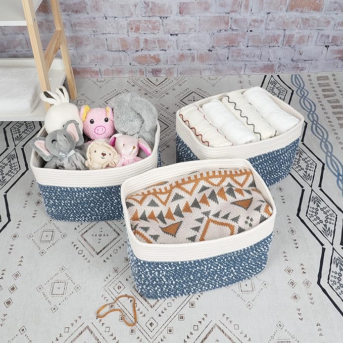 White and Blue Cotton Rope storage Basket Bins Woven Basket for Organizing Shelves 14.5X9.5X9.3“ Rectangle Decorative Baskets For storage Books Towels Wicker Nursery basket organizer Set of 3